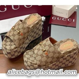 Shop Duplicate Gucci GG Canvas Wedge Slides Sandal 12cm with Horsebit Beige 2025 816328