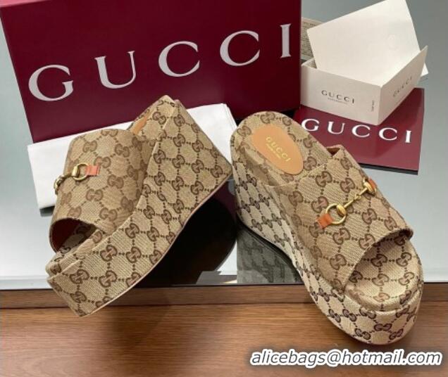 Shop Duplicate Gucci GG Canvas Wedge Slides Sandal 12cm with Horsebit Beige 2025 816328