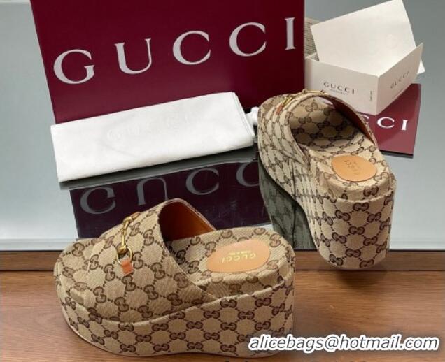 Shop Duplicate Gucci GG Canvas Wedge Slides Sandal 12cm with Horsebit Beige 2025 816328