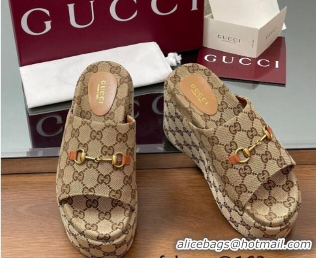 Shop Duplicate Gucci GG Canvas Wedge Slides Sandal 12cm with Horsebit Beige 2025 816328