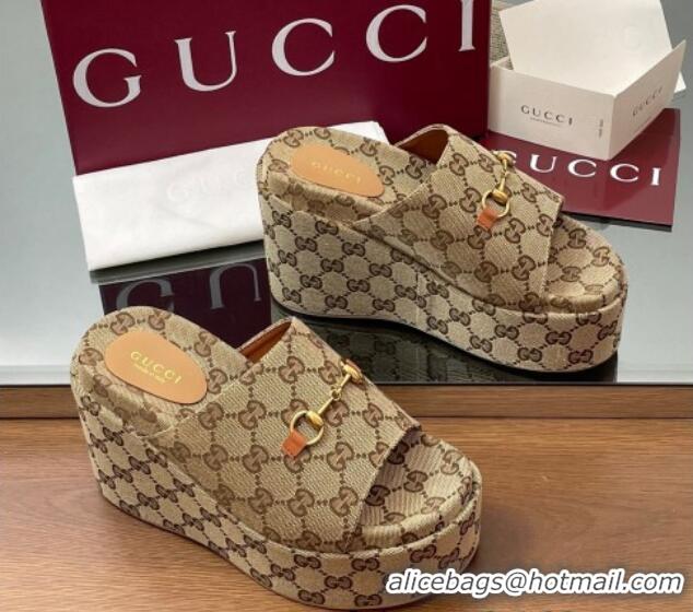 Shop Duplicate Gucci GG Canvas Wedge Slides Sandal 12cm with Horsebit Beige 2025 816328