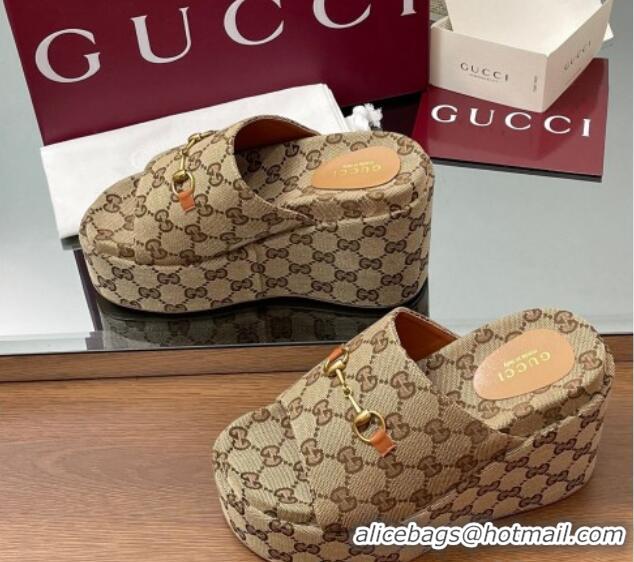 Shop Duplicate Gucci GG Canvas Wedge Slides Sandal 12cm with Horsebit Beige 2025 816328
