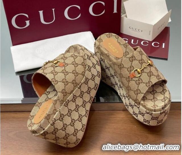 Shop Duplicate Gucci GG Canvas Wedge Slides Sandal 12cm with Horsebit Beige 2025 816328