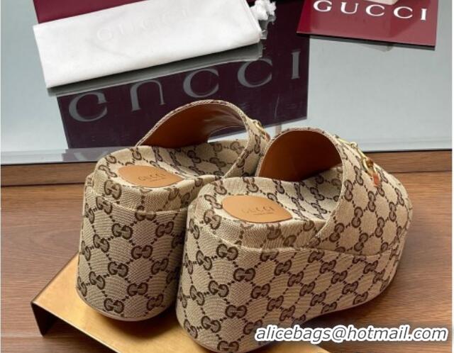 Shop Duplicate Gucci GG Canvas Wedge Slides Sandal 12cm with Horsebit Beige 2025 816328