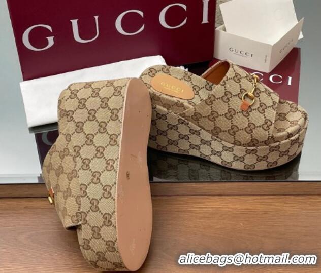 Shop Duplicate Gucci GG Canvas Wedge Slides Sandal 12cm with Horsebit Beige 2025 816328
