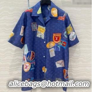 Affordable Price Louis Vuitton Printed Silk Shirt 042978 Blue 2025