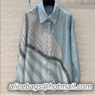 Popular Style Louis Vuitton Printed Silk Shirt 042982 Blue 2025