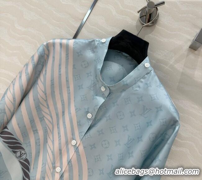 Popular Style Louis Vuitton Printed Silk Shirt 042982 Blue 2025