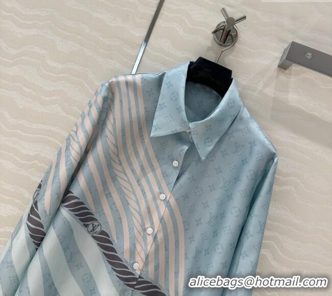 Popular Style Louis Vuitton Printed Silk Shirt 042982 Blue 2025