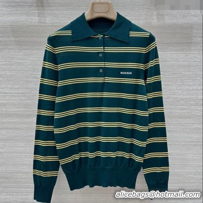 New Cheap Miu Miu Striped Cashmere and Silk Polo Shirt 1025 Green 2025