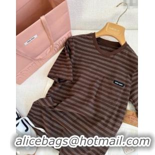 ﻿​Cheap Discount Miu Miu Striped Cotton T-Shirt 0411 Brown 2025