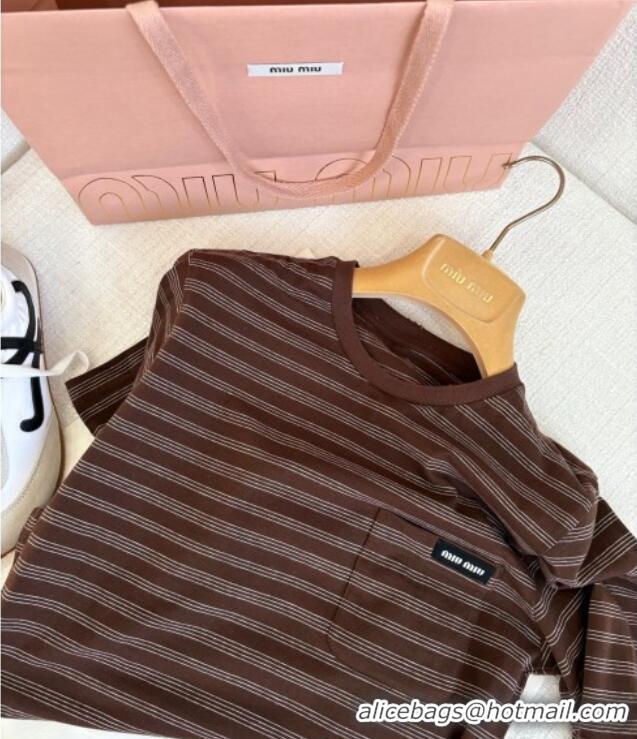 ﻿​Cheap Discount Miu Miu Striped Cotton T-Shirt 0411 Brown 2025