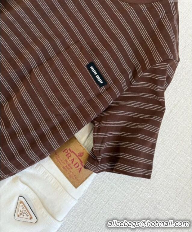 ﻿​Cheap Discount Miu Miu Striped Cotton T-Shirt 0411 Brown 2025