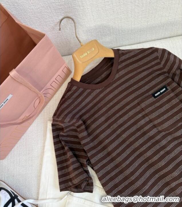 ﻿​Cheap Discount Miu Miu Striped Cotton T-Shirt 0411 Brown 2025