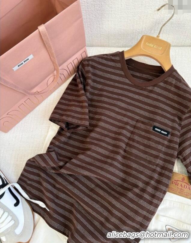 ﻿​Cheap Discount Miu Miu Striped Cotton T-Shirt 0411 Brown 2025