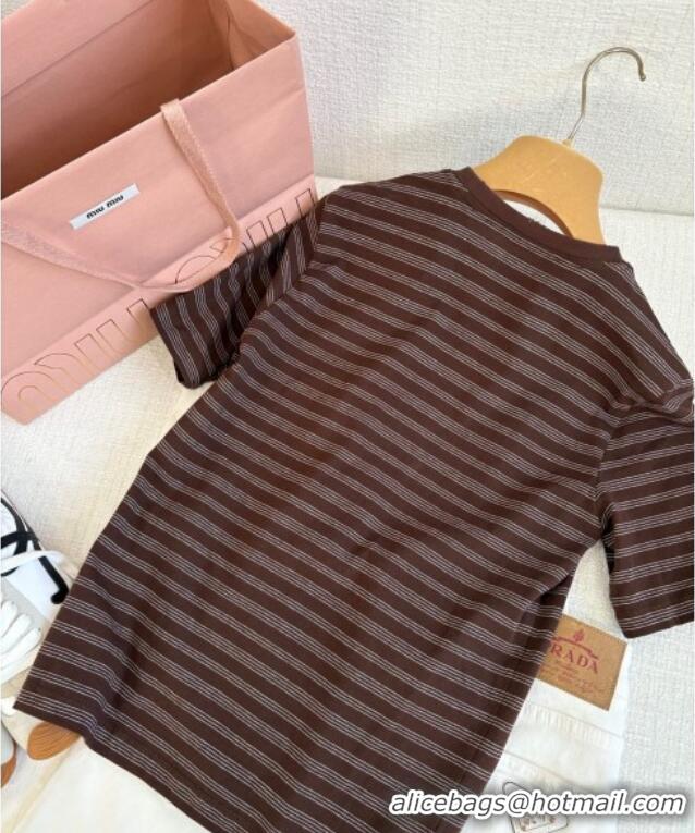 ﻿​Cheap Discount Miu Miu Striped Cotton T-Shirt 0411 Brown 2025