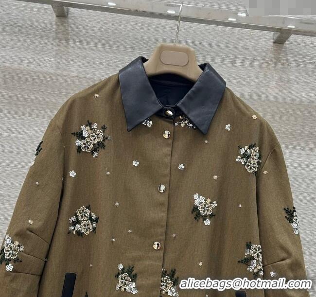 Top Quality Miu Miu Cotton & Lambskin Oversized Jacket with Sequins 1042 Green/Black 2025