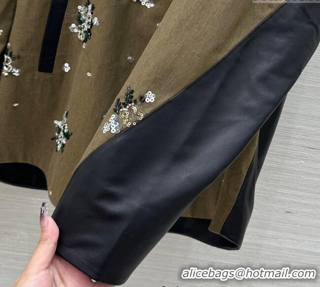 Top Quality Miu Miu Cotton & Lambskin Oversized Jacket with Sequins 1042 Green/Black 2025