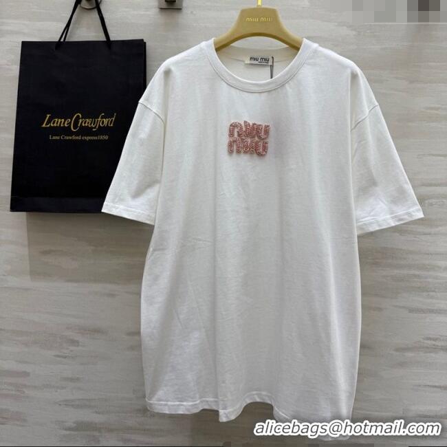 ​Low Cost Miu Miu Cotton White T-Shirt 042902 Pink Logo 2025