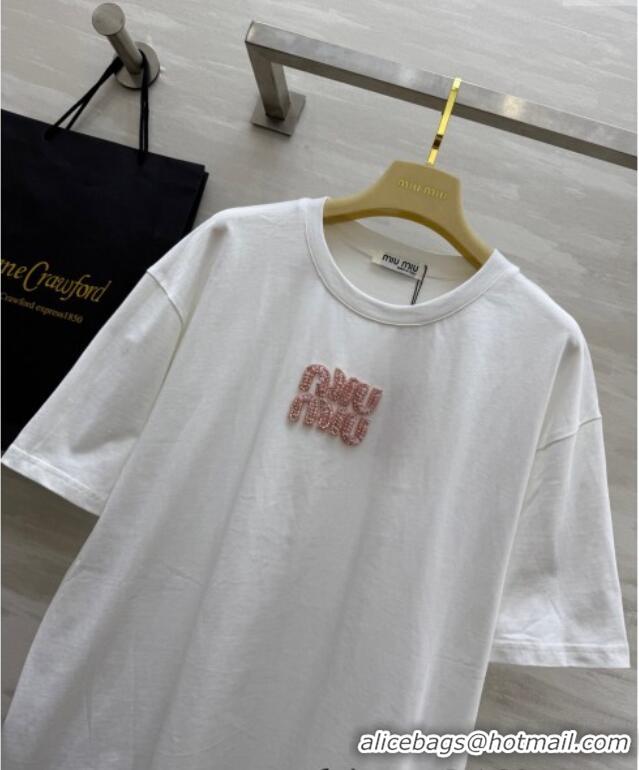 ​Low Cost Miu Miu Cotton White T-Shirt 042902 Pink Logo 2025