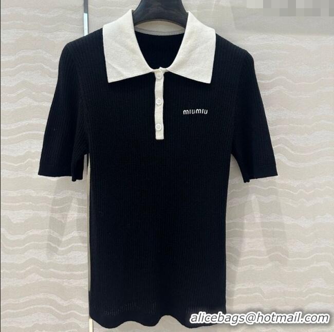 ​Hot Style Cheap Miu Miu Wool Blend Knit Polo Shirt 042981 Black 2025