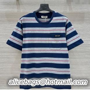 High Quality Miu Miu Striped Cotton T-Shirt 30014 Blue 2025