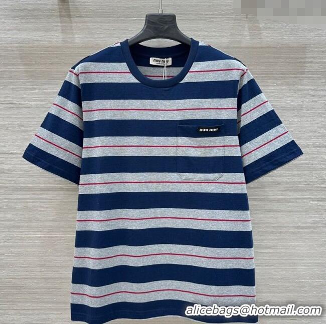High Quality Miu Miu Striped Cotton T-Shirt 30014 Blue 2025