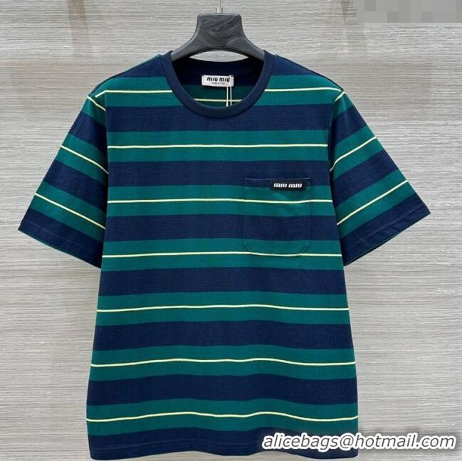 New Product Miu Miu Striped Cotton T-Shirt 30014 Green 2025