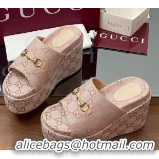 Sumptuous Gucci GG Canvas Wedge Slides Sandal 12cm with Horsebit Light Pink 2025 816328