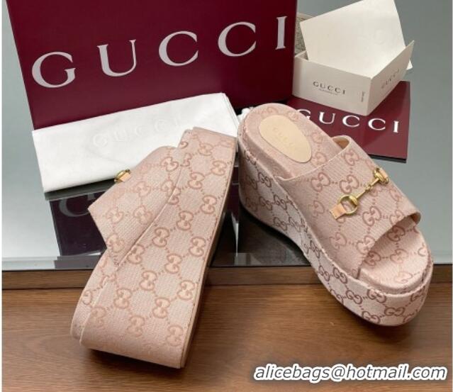 Sumptuous Gucci GG Canvas Wedge Slides Sandal 12cm with Horsebit Light Pink 2025 816328