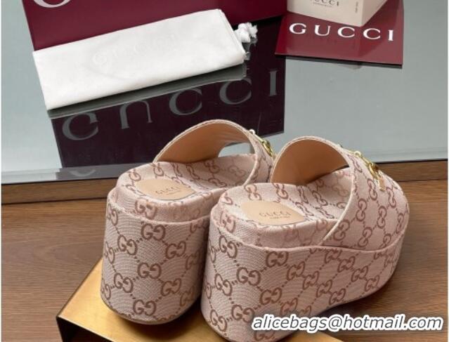 Sumptuous Gucci GG Canvas Wedge Slides Sandal 12cm with Horsebit Light Pink 2025 816328