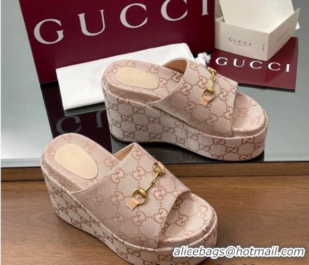 Sumptuous Gucci GG Canvas Wedge Slides Sandal 12cm with Horsebit Light Pink 2025 816328