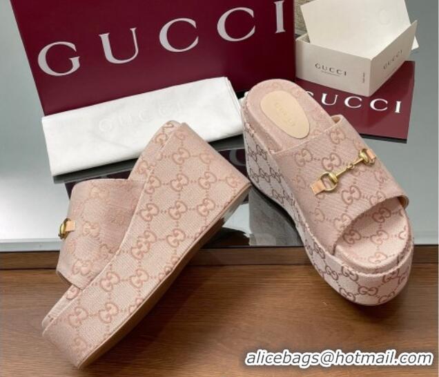 Sumptuous Gucci GG Canvas Wedge Slides Sandal 12cm with Horsebit Light Pink 2025 816328