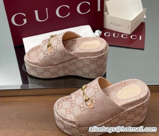 Sumptuous Gucci GG Canvas Wedge Slides Sandal 12cm with Horsebit Light Pink 2025 816328