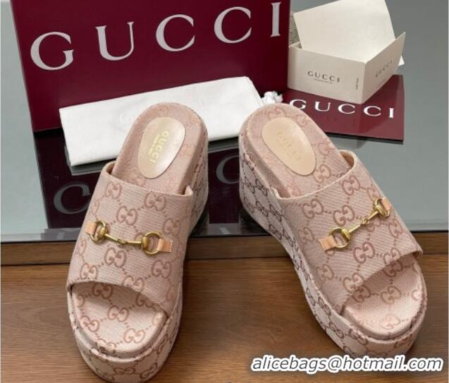 Sumptuous Gucci GG Canvas Wedge Slides Sandal 12cm with Horsebit Light Pink 2025 816328