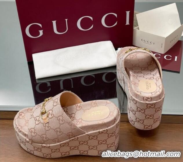 Sumptuous Gucci GG Canvas Wedge Slides Sandal 12cm with Horsebit Light Pink 2025 816328