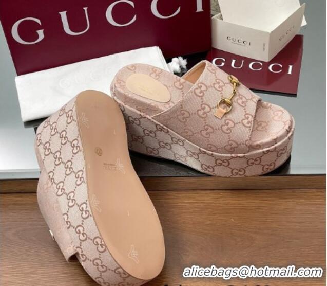 Sumptuous Gucci GG Canvas Wedge Slides Sandal 12cm with Horsebit Light Pink 2025 816328