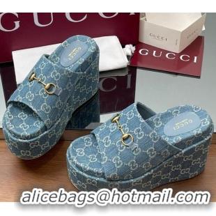 Good Quality Gucci GG Denim Wedge Slides Sandal 12cm with Horsebit Blue 2025 816328