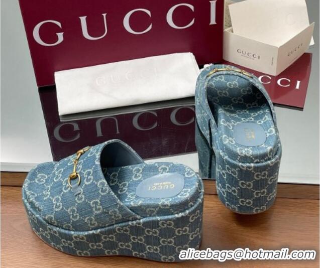 Good Quality Gucci GG Denim Wedge Slides Sandal 12cm with Horsebit Blue 2025 816328