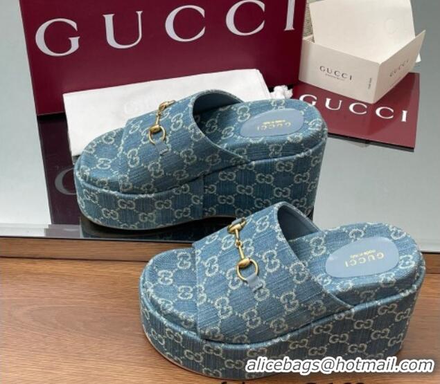 Good Quality Gucci GG Denim Wedge Slides Sandal 12cm with Horsebit Blue 2025 816328