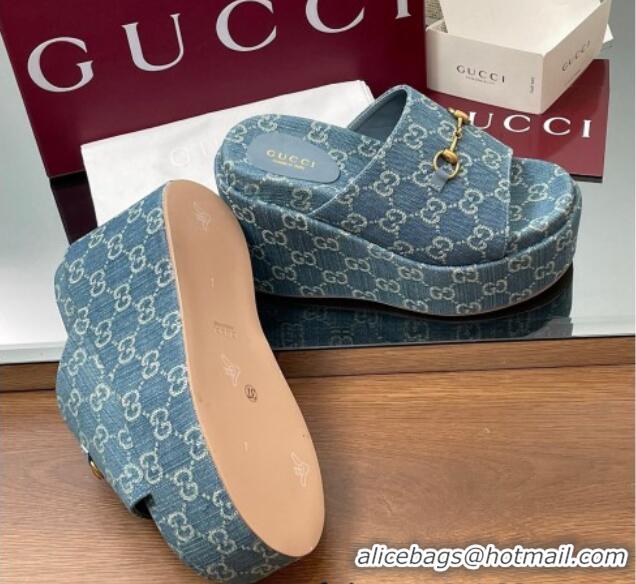 Good Quality Gucci GG Denim Wedge Slides Sandal 12cm with Horsebit Blue 2025 816328