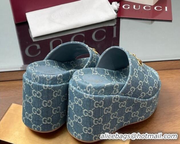 Good Quality Gucci GG Denim Wedge Slides Sandal 12cm with Horsebit Blue 2025 816328