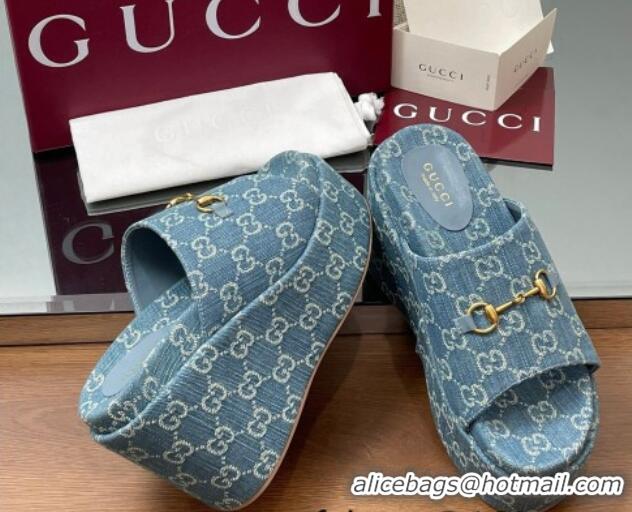 Good Quality Gucci GG Denim Wedge Slides Sandal 12cm with Horsebit Blue 2025 816328