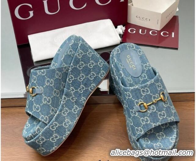Good Quality Gucci GG Denim Wedge Slides Sandal 12cm with Horsebit Blue 2025 816328