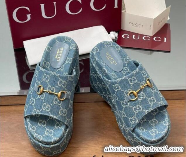 Good Quality Gucci GG Denim Wedge Slides Sandal 12cm with Horsebit Blue 2025 816328