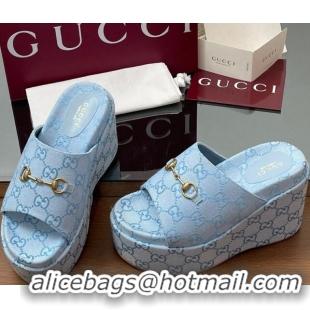 Pretty Style Gucci GG Canvas Wedge Slides Sandal 12cm with Horsebit Light Blue 2025 816328