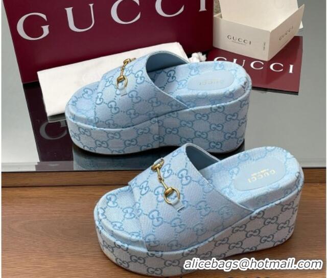 Pretty Style Gucci GG Canvas Wedge Slides Sandal 12cm with Horsebit Light Blue 2025 816328