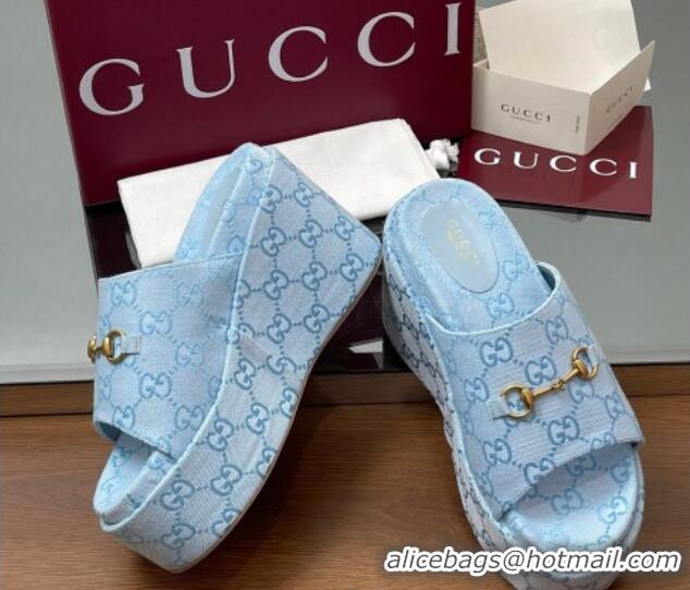 Pretty Style Gucci GG Canvas Wedge Slides Sandal 12cm with Horsebit Light Blue 2025 816328