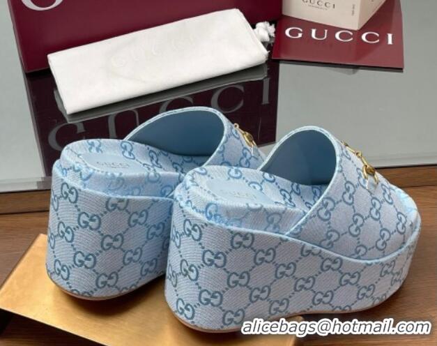 Pretty Style Gucci GG Canvas Wedge Slides Sandal 12cm with Horsebit Light Blue 2025 816328