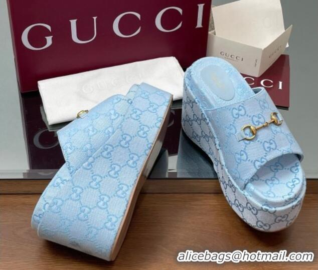 Pretty Style Gucci GG Canvas Wedge Slides Sandal 12cm with Horsebit Light Blue 2025 816328
